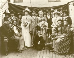 Wedding photo taken in the butchers yard